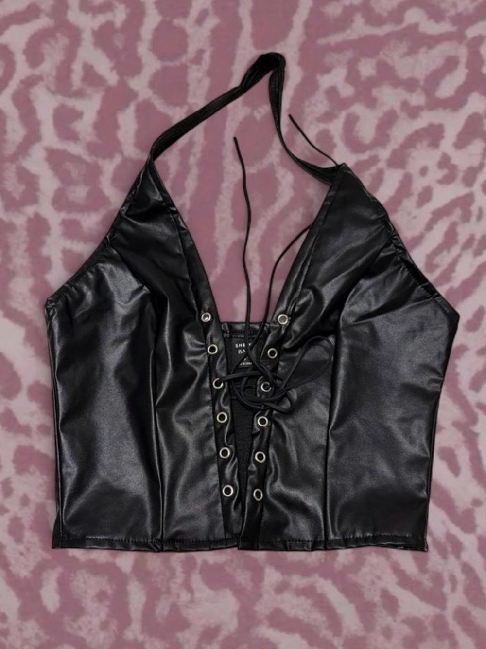 Faux Leather Black Lace-Up Halter Crop Top